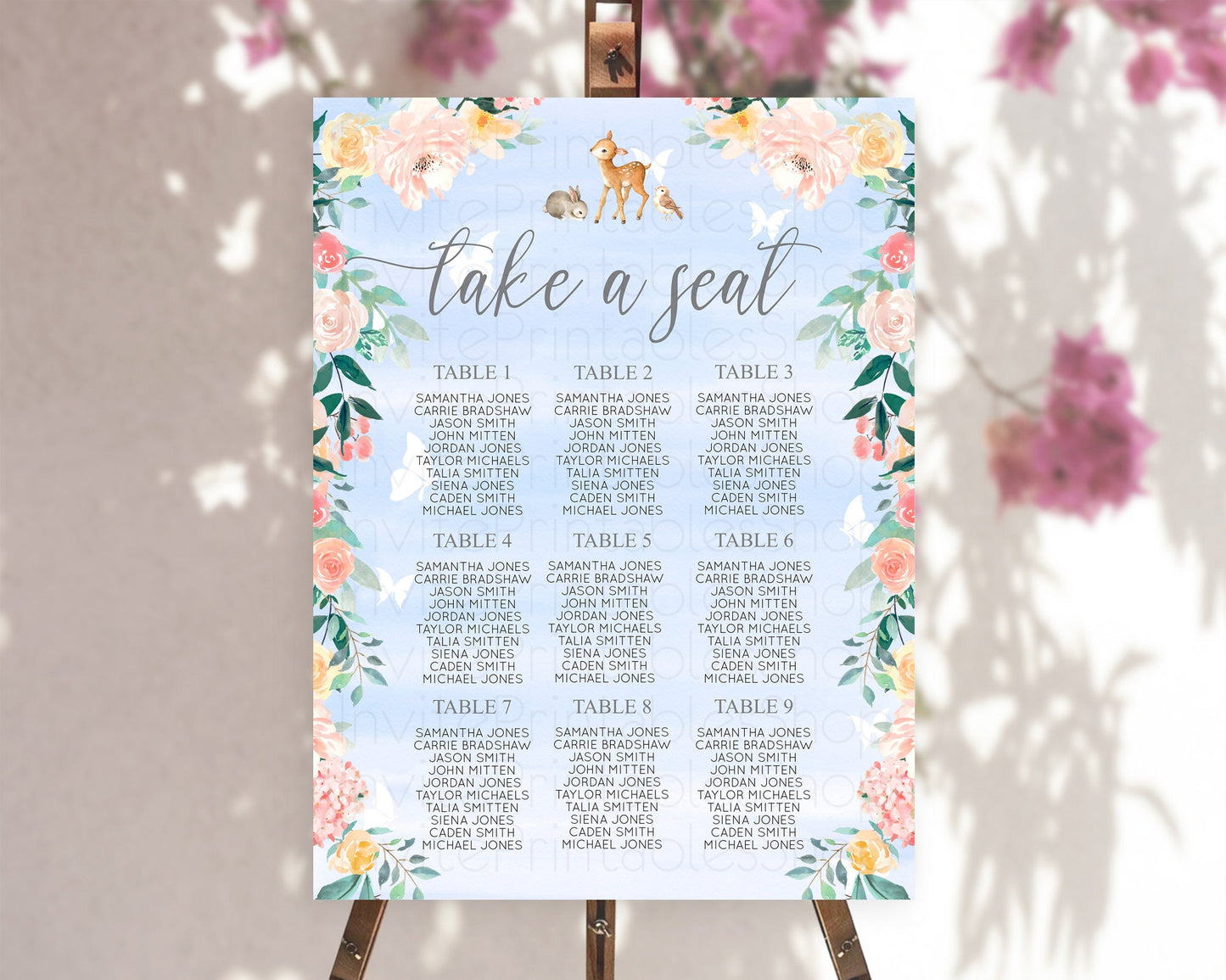 Fawn Seating Chart Deer Seating Chart Enchanted Forest Party Butterfly Pastel Flowers Whimsical Seating Chart Woodland Seating Sign D10920