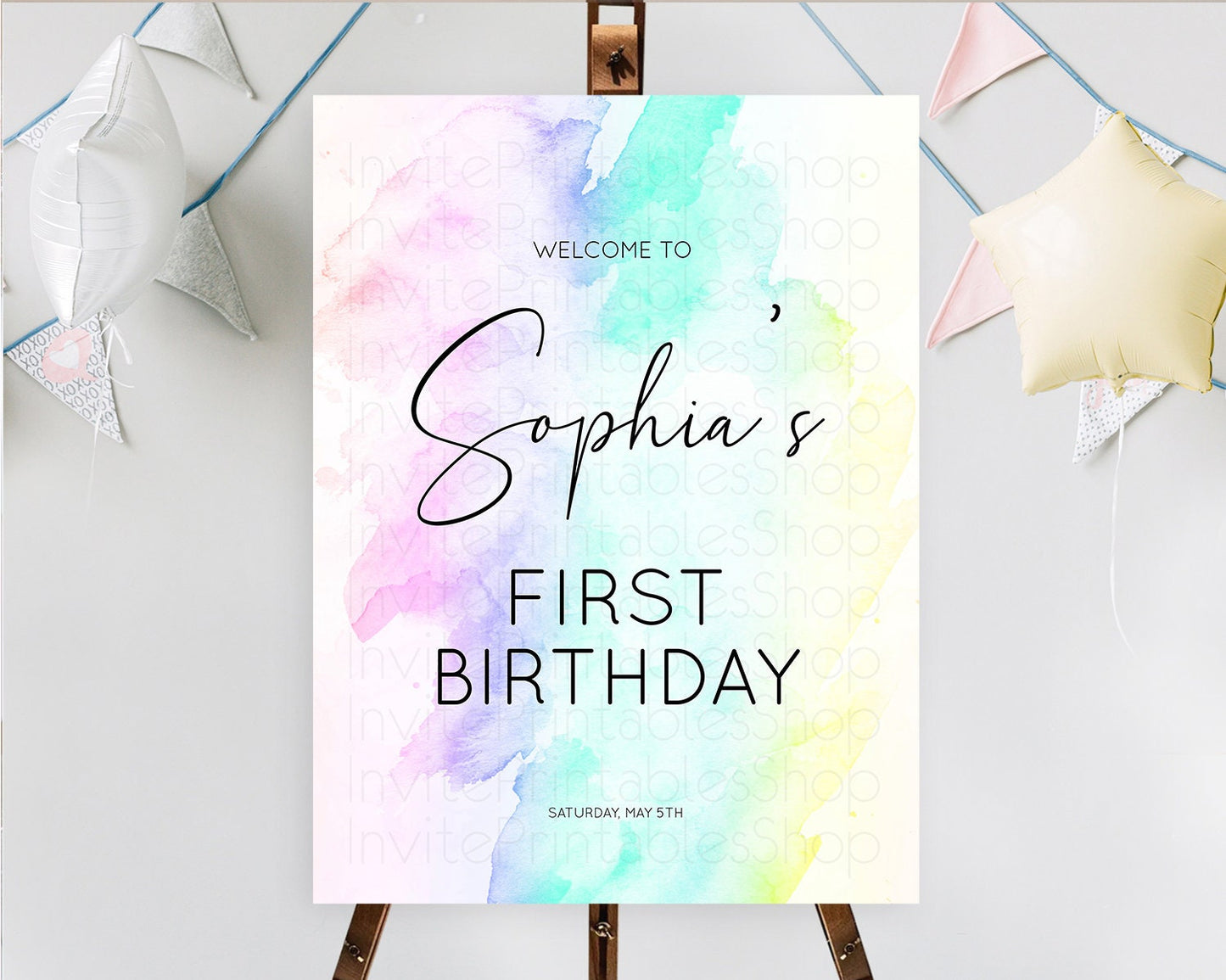 Pastel Welcome Sign Pastel Rainbow Welcome Sign Colorful Rainbow Confetti Watercolor Glitter Pastel First Birthday Welcome Sign D10231