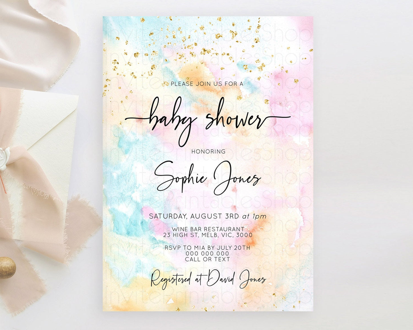 Pastel Baby Shower Invitation Rainbow Baby Shower Invitation Colorful Pastel Watercolor Invitation Gold Glitter Sprinkles Ombre D10548