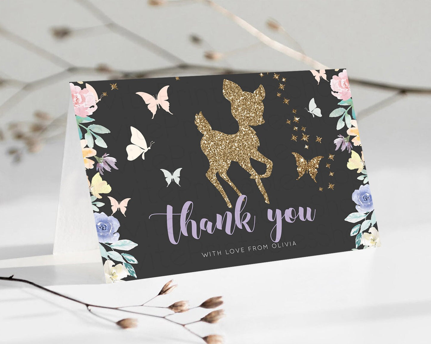 Editable Fawn Thank You Deer Thank You Card Pastel Floral Deer Birthday Than