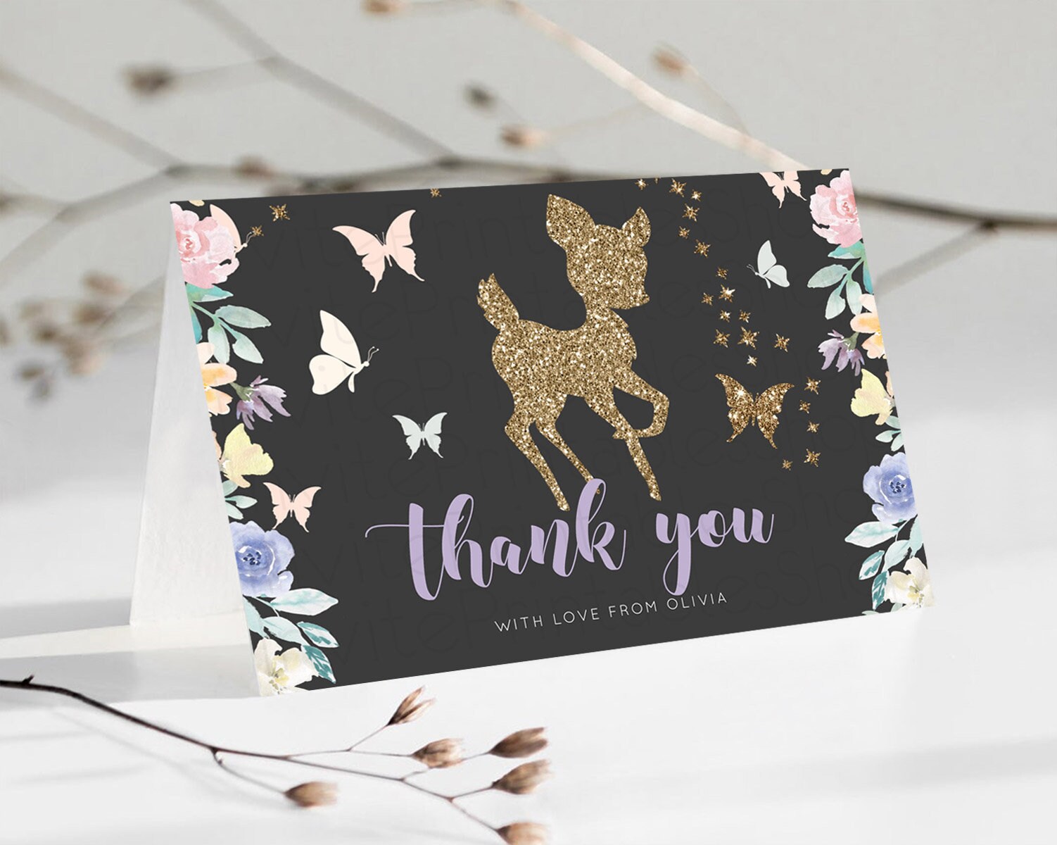 Editable Fawn Thank You Deer Thank You Card Pastel Floral Deer Birthday Than