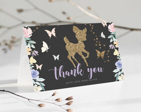 Editable Fawn Thank You Deer Thank You Card Pastel Floral Deer Birthday Than