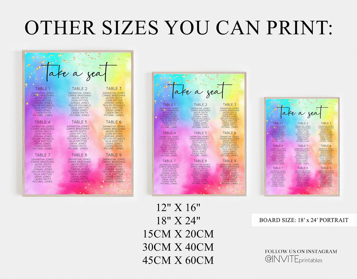 Rainbow Seating Chart Ombre Watercolor Seating Sign Tie Dye Sprinkles Colorful Pastel Guest Seating Wedding Christening Birthday Baptism 509