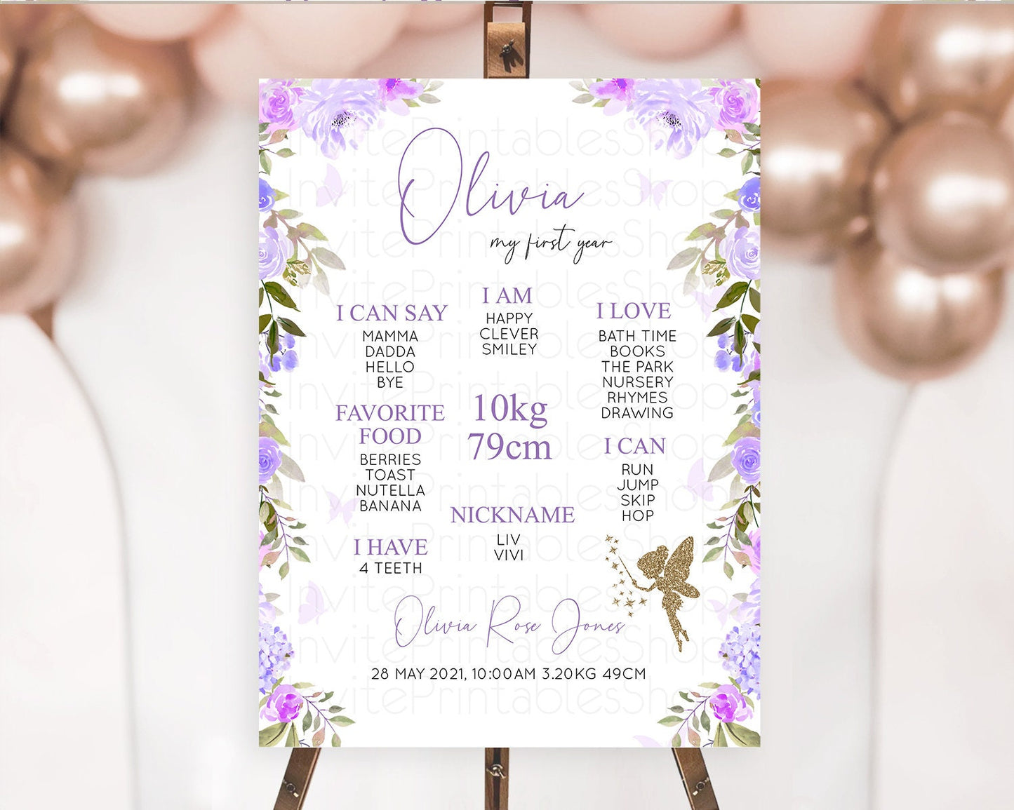 Fairy First Birthday Milestone Poster Fairy Secret Garden Milestone Board Enchanted Garden Pastel Floral Butterfly 1st Birthday Sign D10910