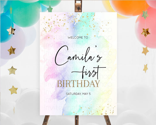 Pastel Welcome Sign Pastel Rainbow Welcome Sign Colorful Rainbow Confetti Watercolor Glitter Pastel First Birthday Welcome Sign D10231