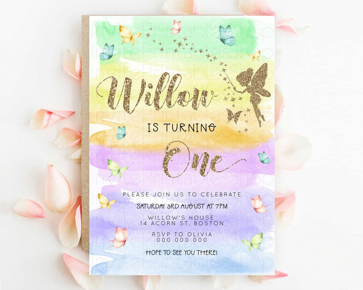 Pastel Fairy Birthday Invitation Pastel Butterflies Fairy Birthday Invitation Rainbow Ombre Watercolor 1st 2nd Birthday Invitation D23322