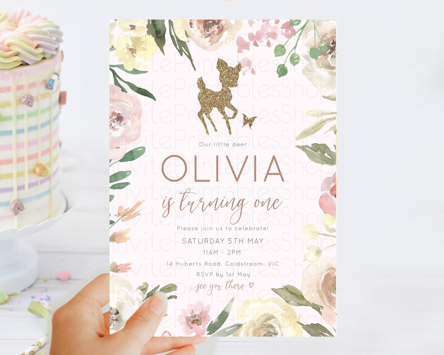 Fawn Birthday Invitation Deer Birthday Invitation Enchanted Forest Party Butterfly Pastel Flowers Whimsical 2nd 1st First Birthday D10193