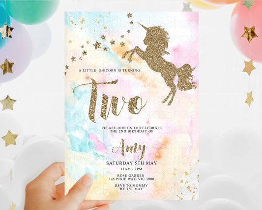 Unicorn Rainbow Birthday Invitation Pastel Birthday Invite Magical Ombre Invite Colorful Watercolor Invite Glitter Sprinkle Party D10548