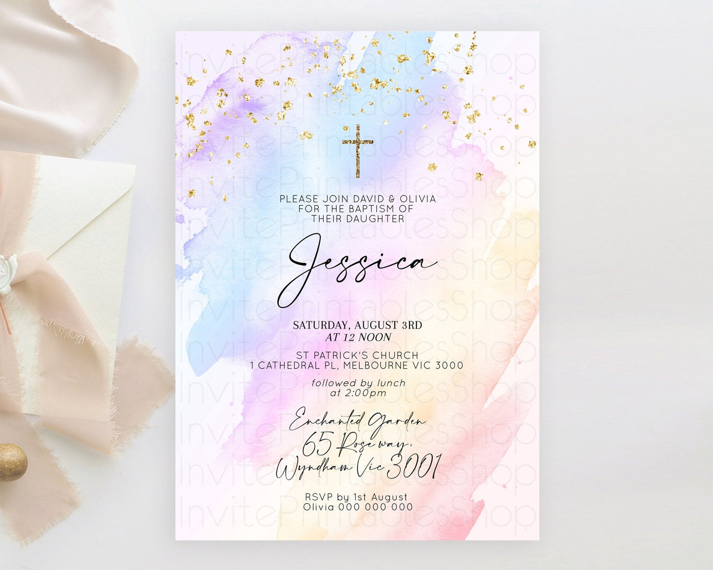 Pastel Baptism Invitation Pastel Colors Watercolor Baptism 1st Birthday Party Gold Ombre Pastel Rainbow Christening Holy Communion D10635