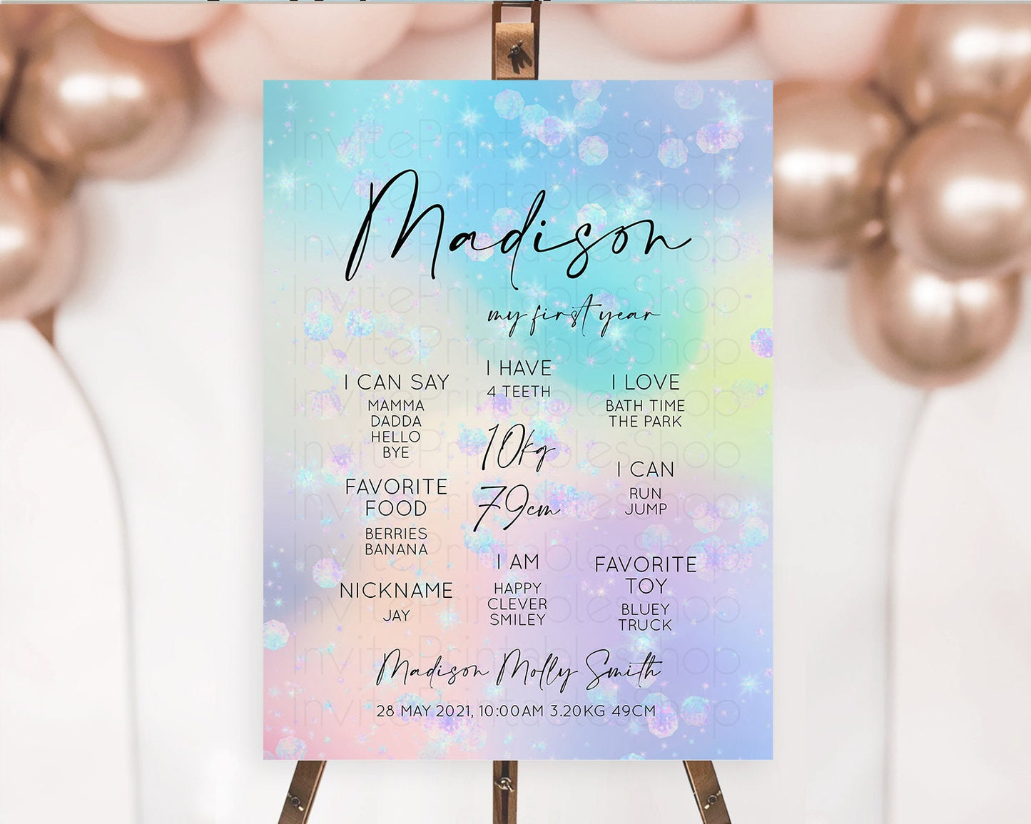 Rainbow First Birthday Milestone Poster Colorful Pastel Watercolor Iridescent Sprinkles Ombre Pastel Milestone Board First Birthday D10665