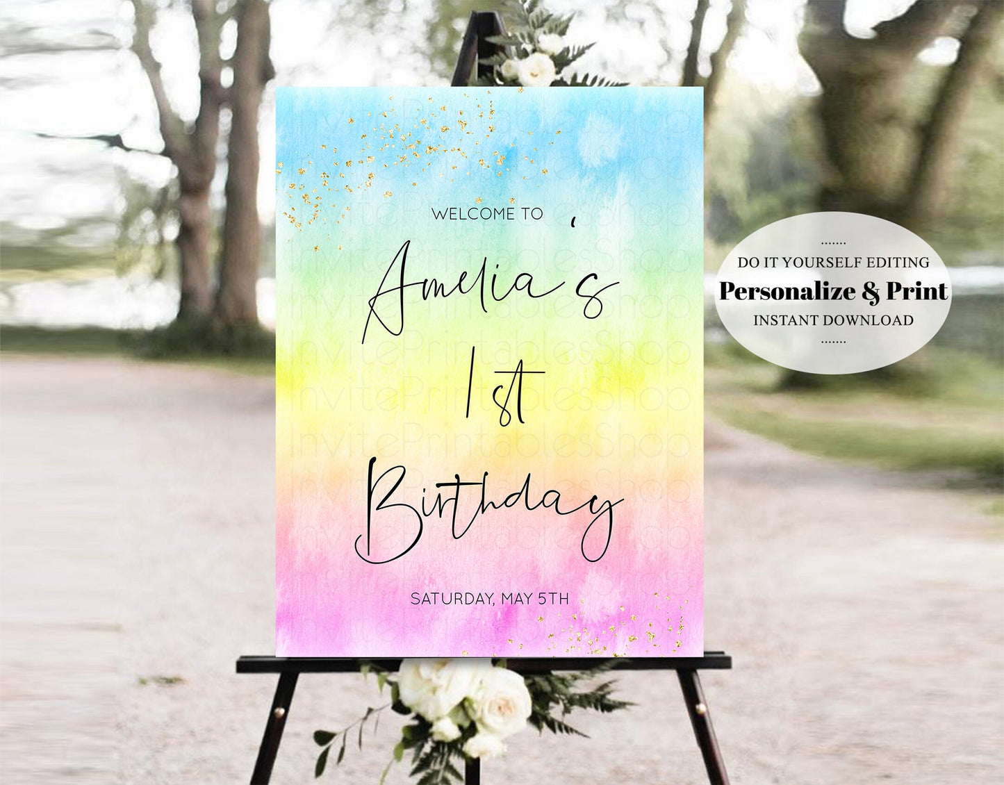 Rainbow Welcome Board Watercolor Pastel Welcome Sign Colorful Glitter Poster 1st Birthday Poster Baby Shower Sign Bridal Shower Sign