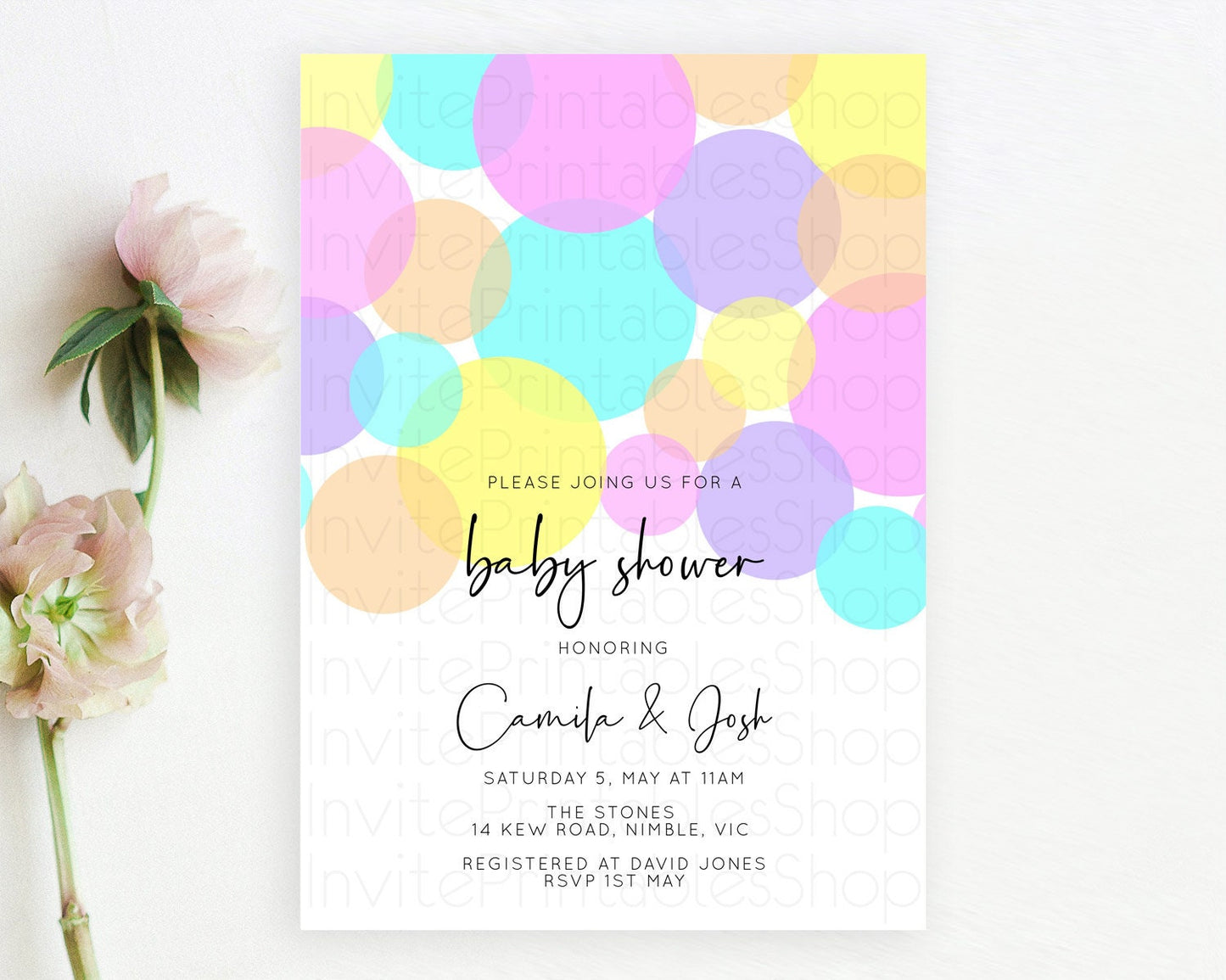 Pastel Rainbow Baby Shower Invitation Pastel Confetti Invitation Sprinkles Bubbles Invitation Colorful Rainbow Confetti Theme D10406