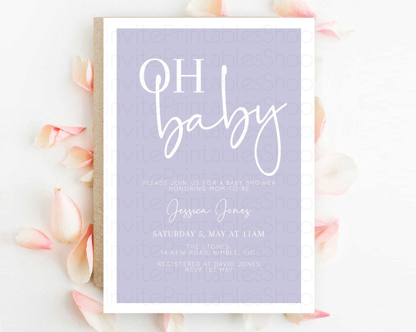 Minimalist Purple Baby Shower Invitation, Purple Invitation, It's a Girl, Modern, Simple Pastel Purple Invitation Stylish Celebration D10942