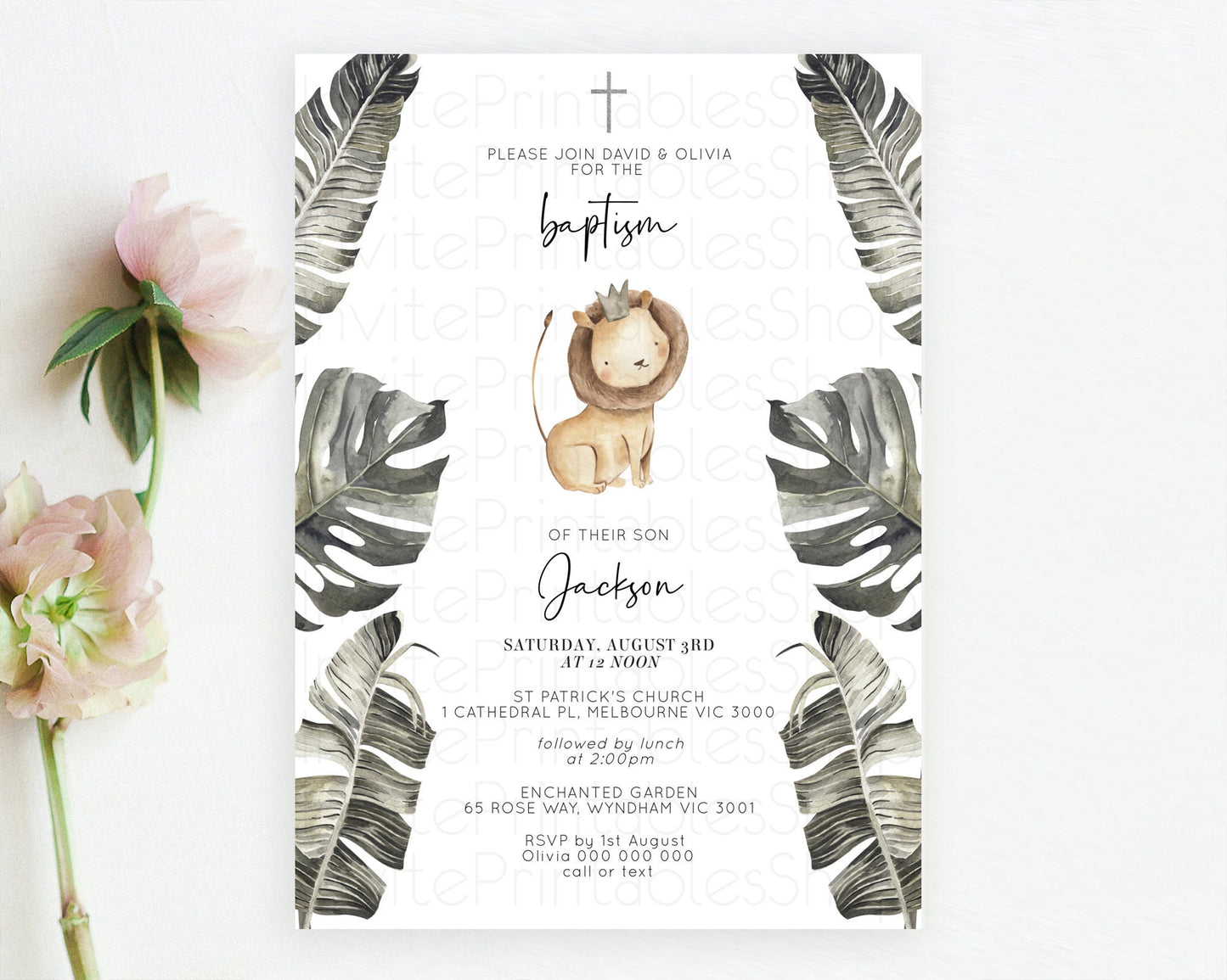 Lion Baptism Invitation Lion Baptism 1st Birthday Invitation Modern Safari Adventure Lion Christening Invitation Holy Communion D10599