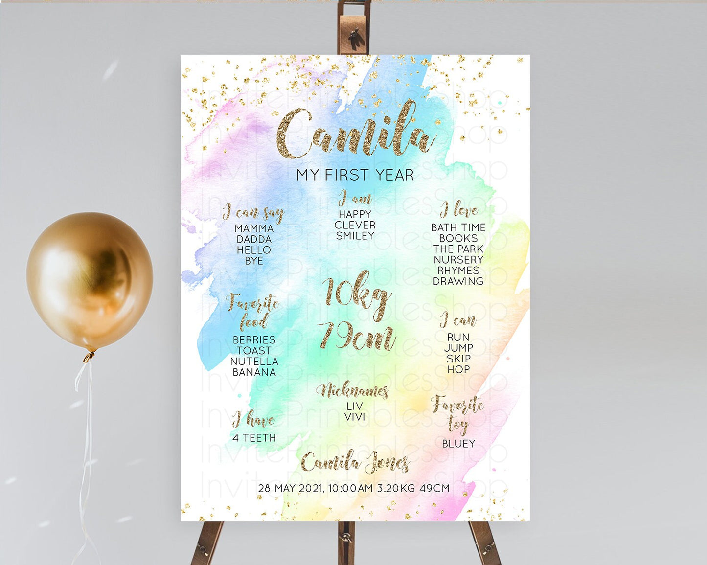 Pastel First Birthday Milestone Board Pastel Rainbow Milestone Poster Colorful Confetti Watercolor Glitter 1st Birthday Welcome Sign D10637