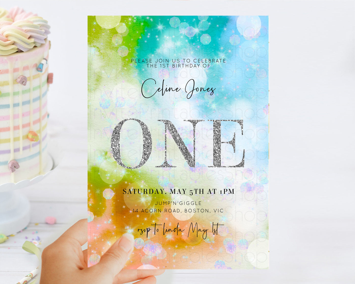 Rainbow Birthday Invitation Colorful Pastel Watercolor Silver Glitter Sprinkles Ombre Pastel Invitation 1st 2nd 3rd First Birthday D10692