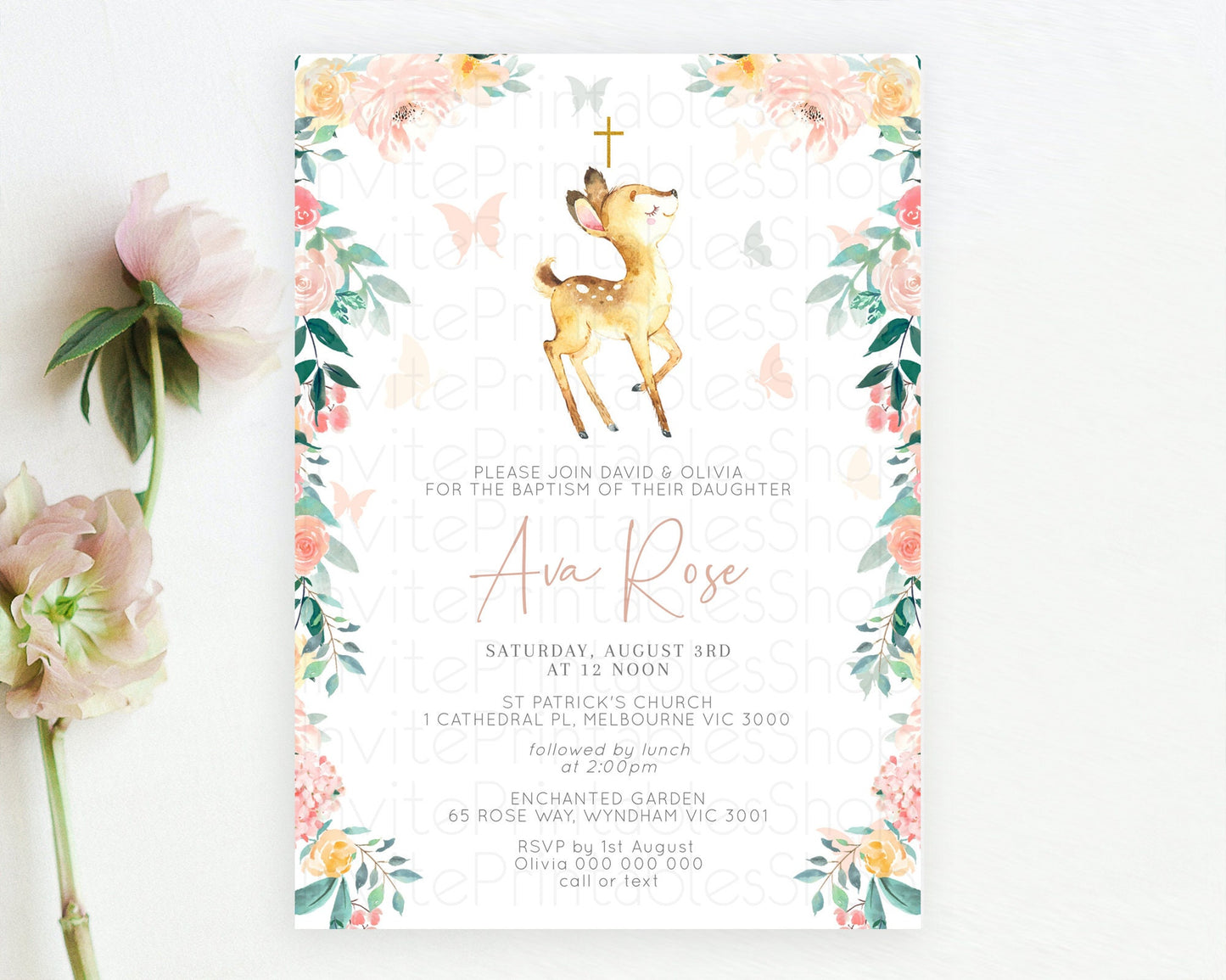 Fawn Baptism Invitation Deer Baptism 1st Birthday Invitation Enchanted Forest Christening Invitation Pastel Garden Butterfly Floral D10753