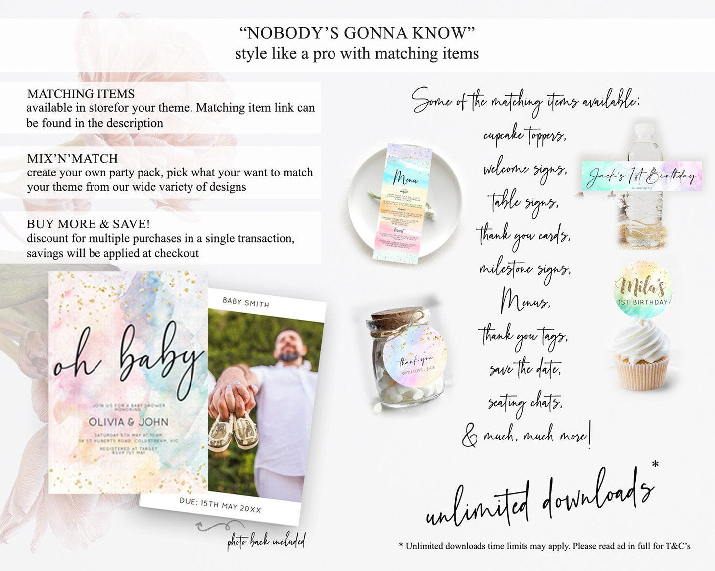 Pastel Rainbow Baby Shower Invitation, Colorful Watercolor with Gold Glitter Sprinkles, Pink, Blue, Yellow Ombre Splash Gender Reveal D10263
