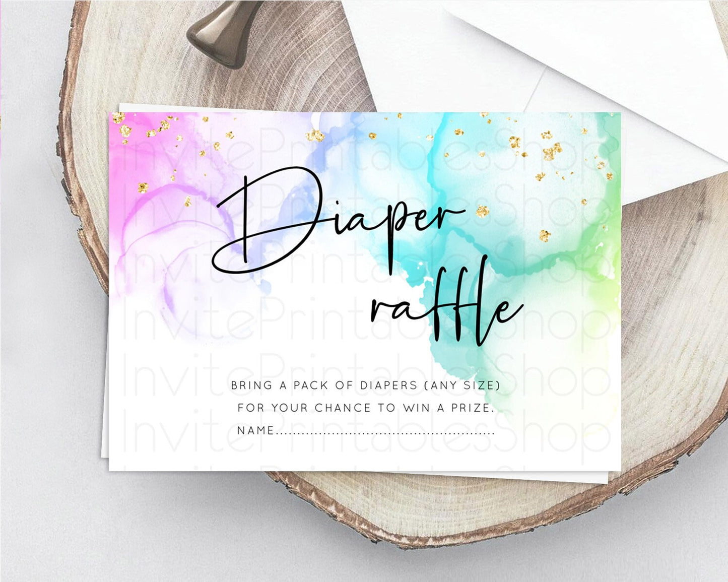 Pastel Diaper Raffle Card Pastel Rainbow Diaper Raffle Insert Colorful Ombre Watercolor Diaper Ticket Confetti Glitter Raffle Game D10181