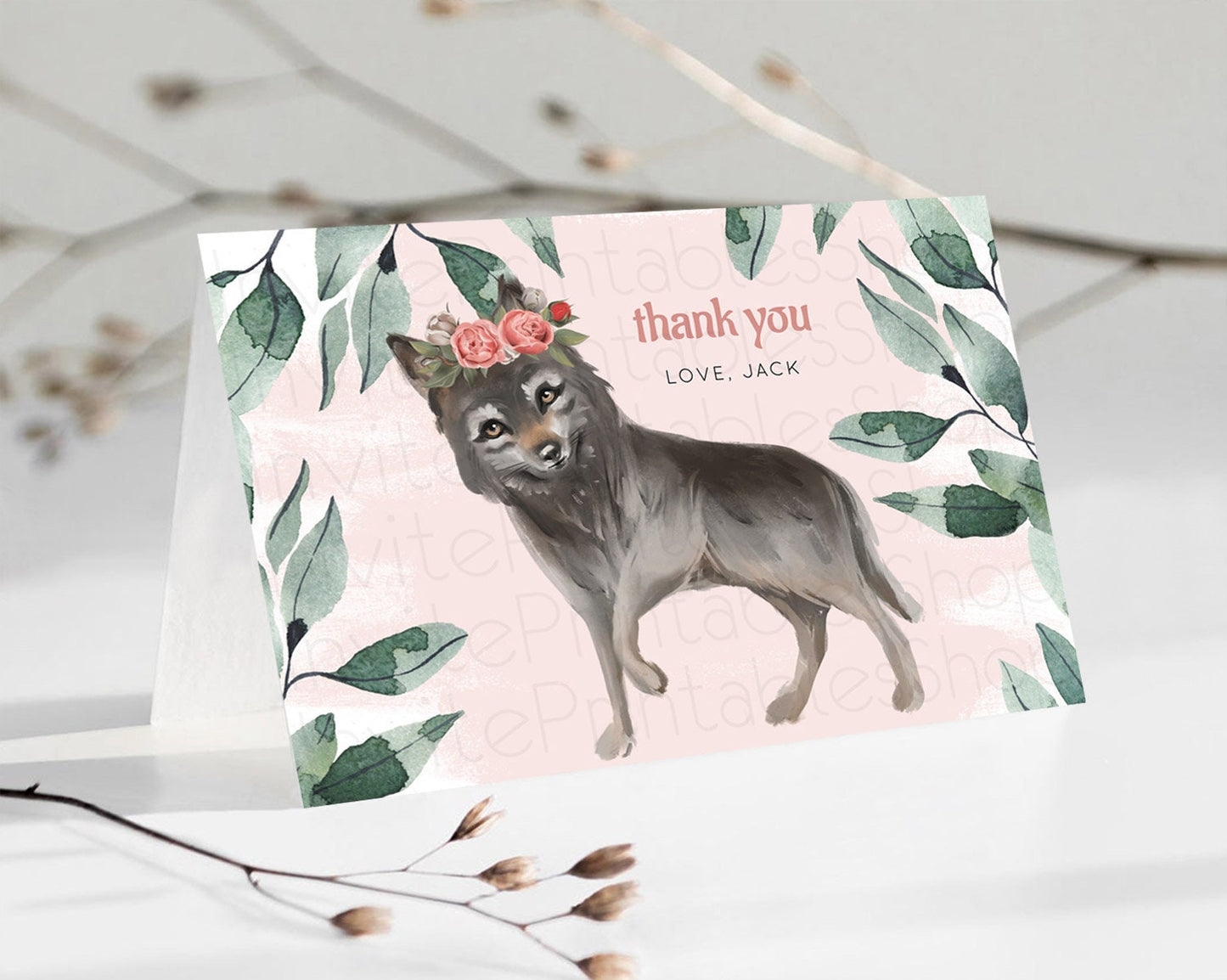 Wolf Thank You Wolf Thank You Card Pastel Floral Wolf Birthday Thank You Card Forest Wolf Party Décor Wolf Birthday Thank You Cards D10535