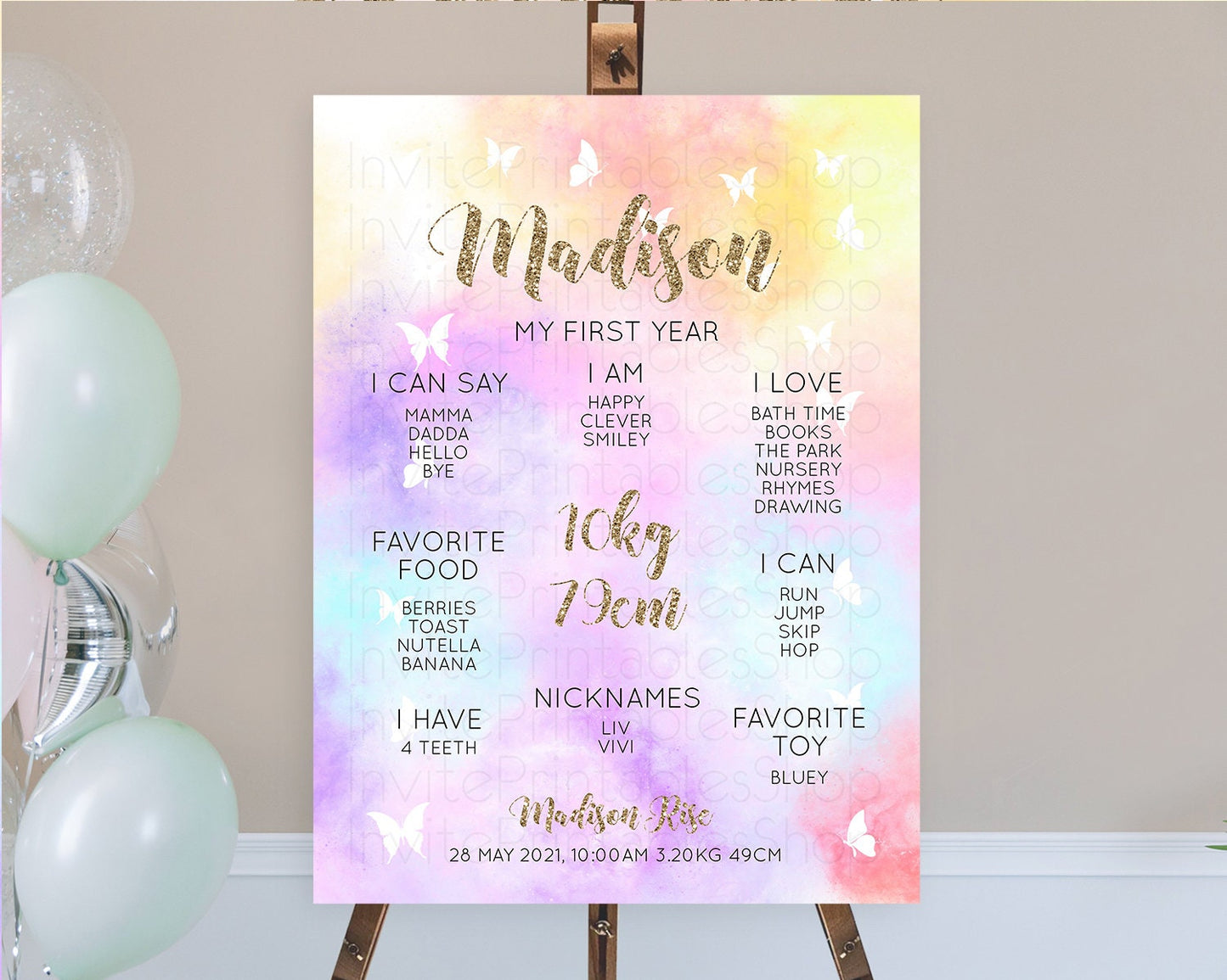 Pastel First Birthday Milestone Board Pastel Rainbow Milestone Poster Colorful Confetti Watercolor Glitter 1st Birthday Welcome Sign D10435