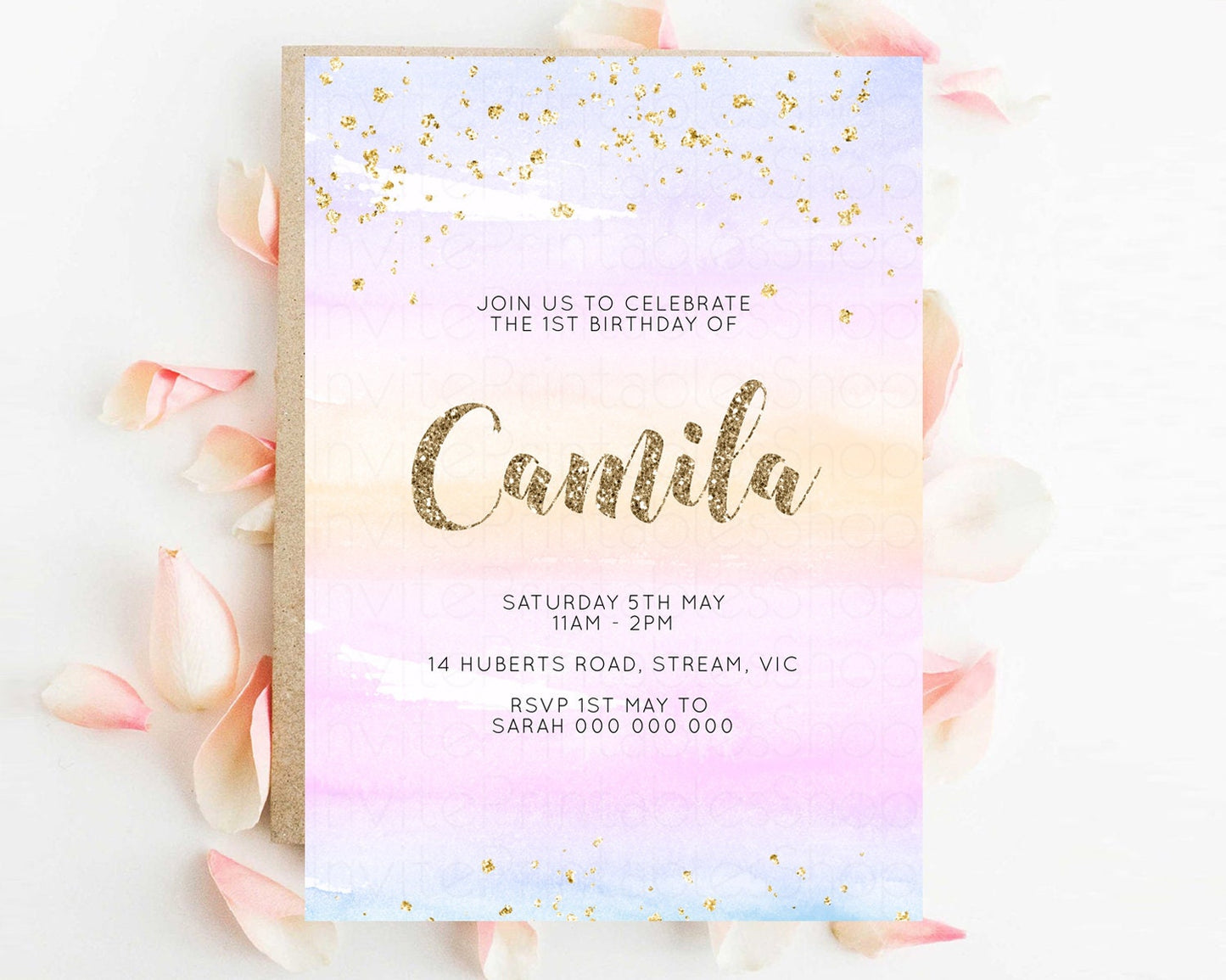 Pastel Birthday Invite Colorful Birthday Invitation Orange Purple Watercolor Invite Pastel Pink Ombre Invite Glitter Invite 1st 2nd 3rd P581
