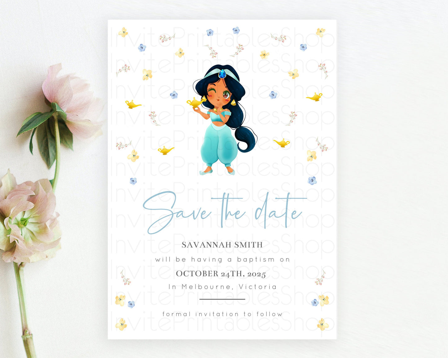 Princess Save The Date Template Secret Garden Enchanted Castle Pastel Floral Royal Party For 1st Birthday Baptism Baby Shower D10887