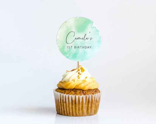 Editable Green Cupcake Toppers Green Watercolor Cupcake Toppers Pastel Green