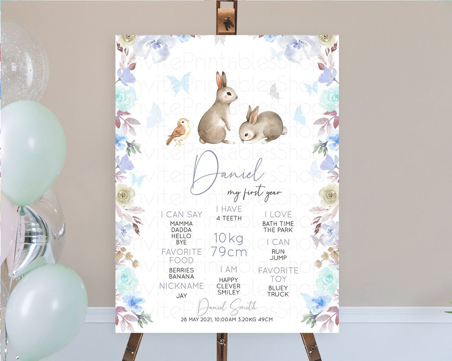 Bunny First Birthday Milestone Board Floral Bunny Milestone Poster Pastel Flowers Woodland Bunny Milestone 1st Birthday Welcome Sign D10927