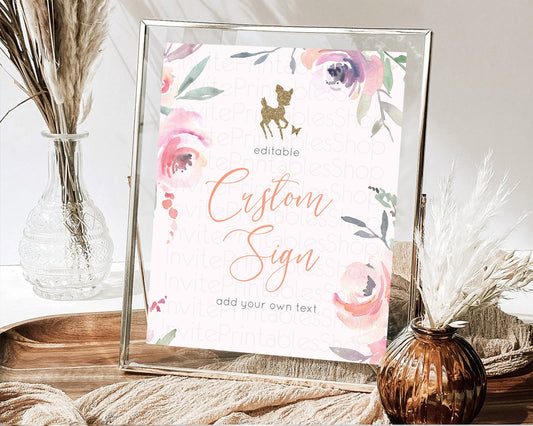 Editable Fawn Deer Sign Pastel Floral Deer Table Sign Decor Enchanted Forest