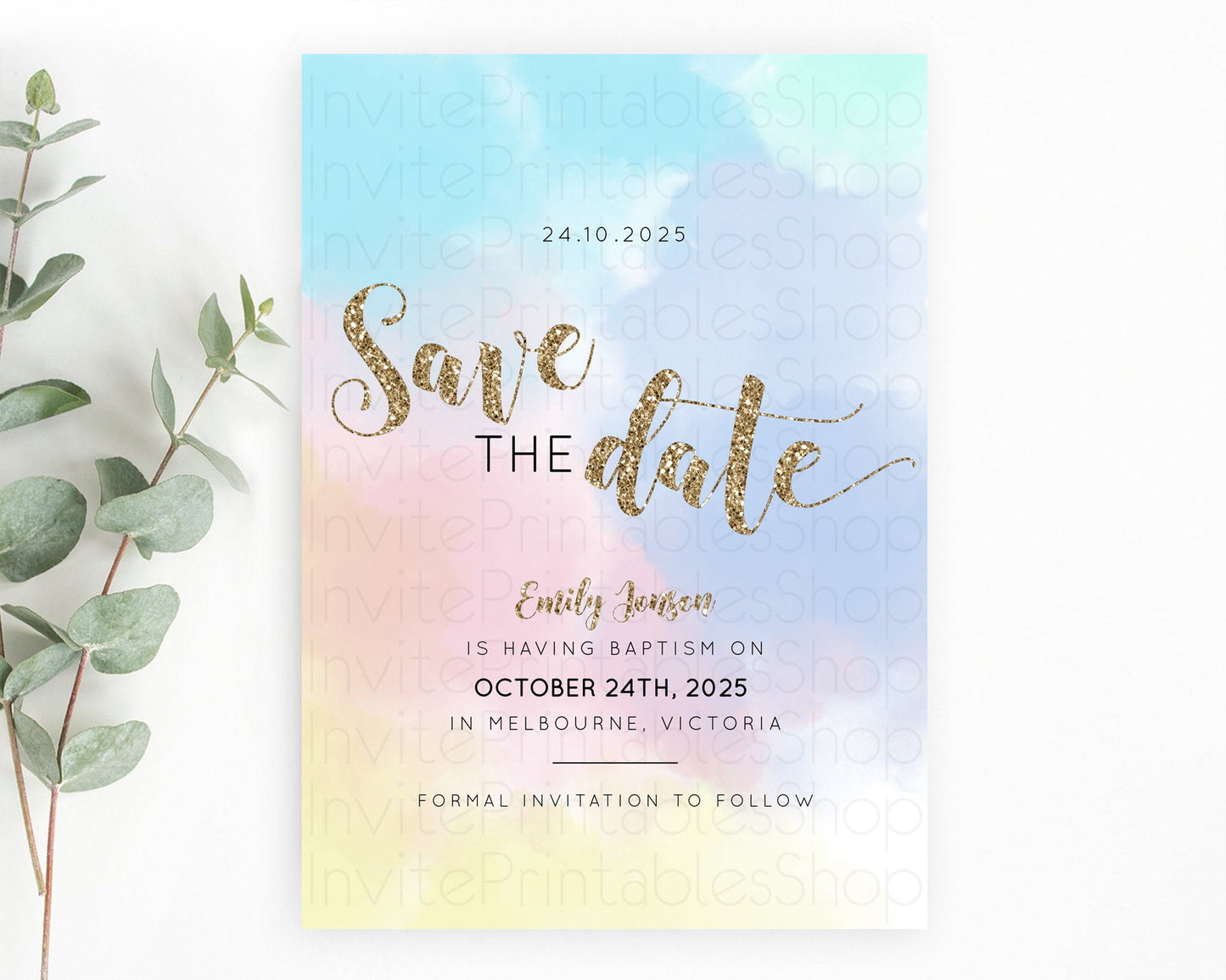 Pastel Save The Date Template Pastel Ombre Rainbow Watercolor Colorful Party For Birthday Baptism Baby Shower Wedding Bridal Shower D10378