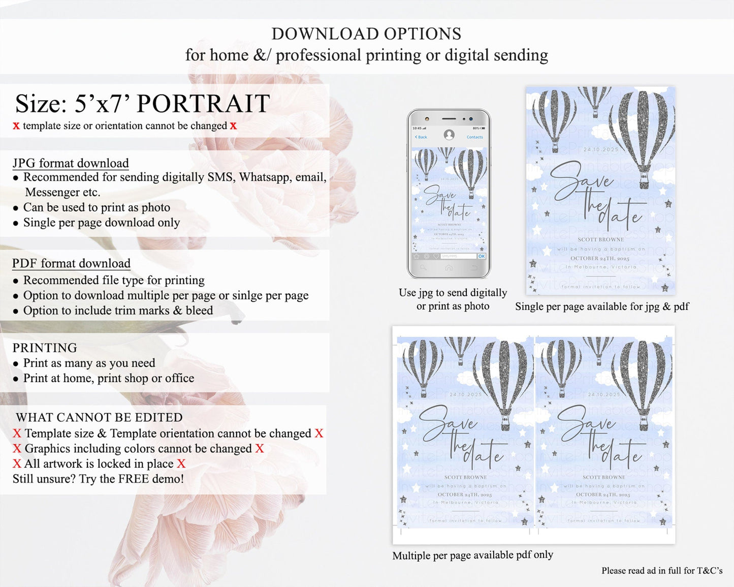 Hot Air Balloon Save The Date Template Adventure Awaits Mr. ONEderful Party 1st Birthday Baptism Baby Shower D10334