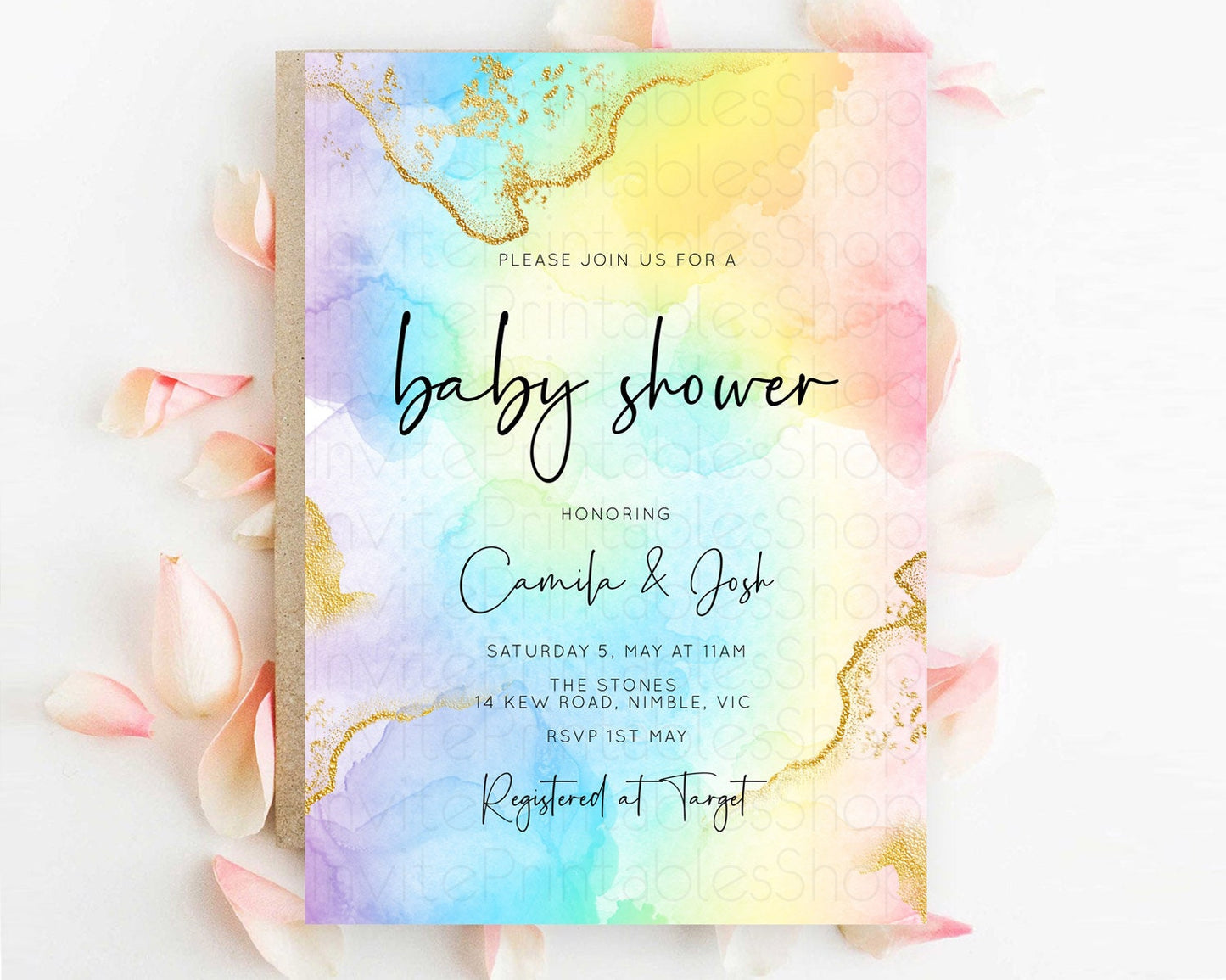 Pastel Baby Shower Invitation Rainbow Baby Shower Invitation Colorful Pastel Watercolor Invitation Gold Glitter Sprinkles Ombre D10588