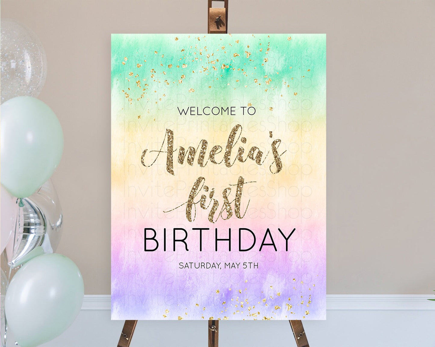 Pastel Welcome Sign Pastel Rainbow Welcome Sign Colorful Rainbow Confetti Watercolor Glitter Pastel First Birthday Welcome Sign D10478