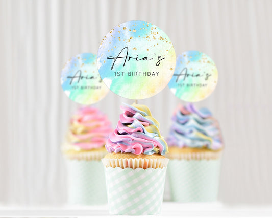 Editable Rainbow Cupcake Toppers Pastel Cupcake Toppers Colorful Pastel Wate