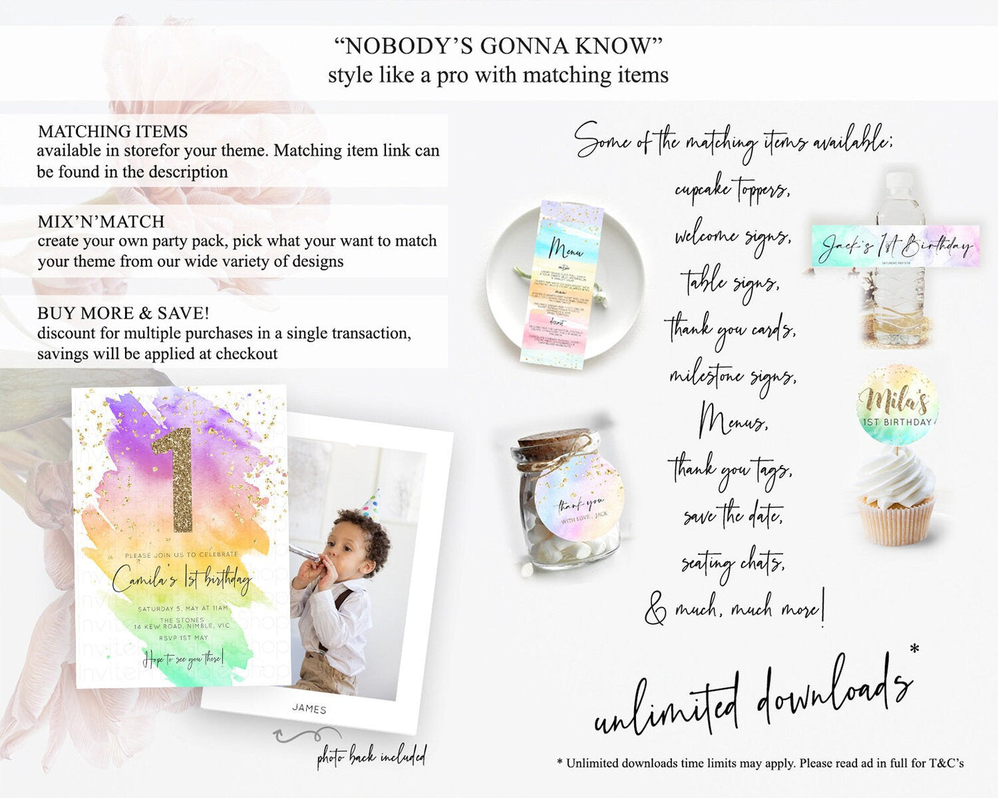 Rainbow Birthday Invitation Colorful Pastel Watercolor Invitation Gold Glitter Sprinkles Ombre Pastel 1st 2nd 3rd Birthday D10518