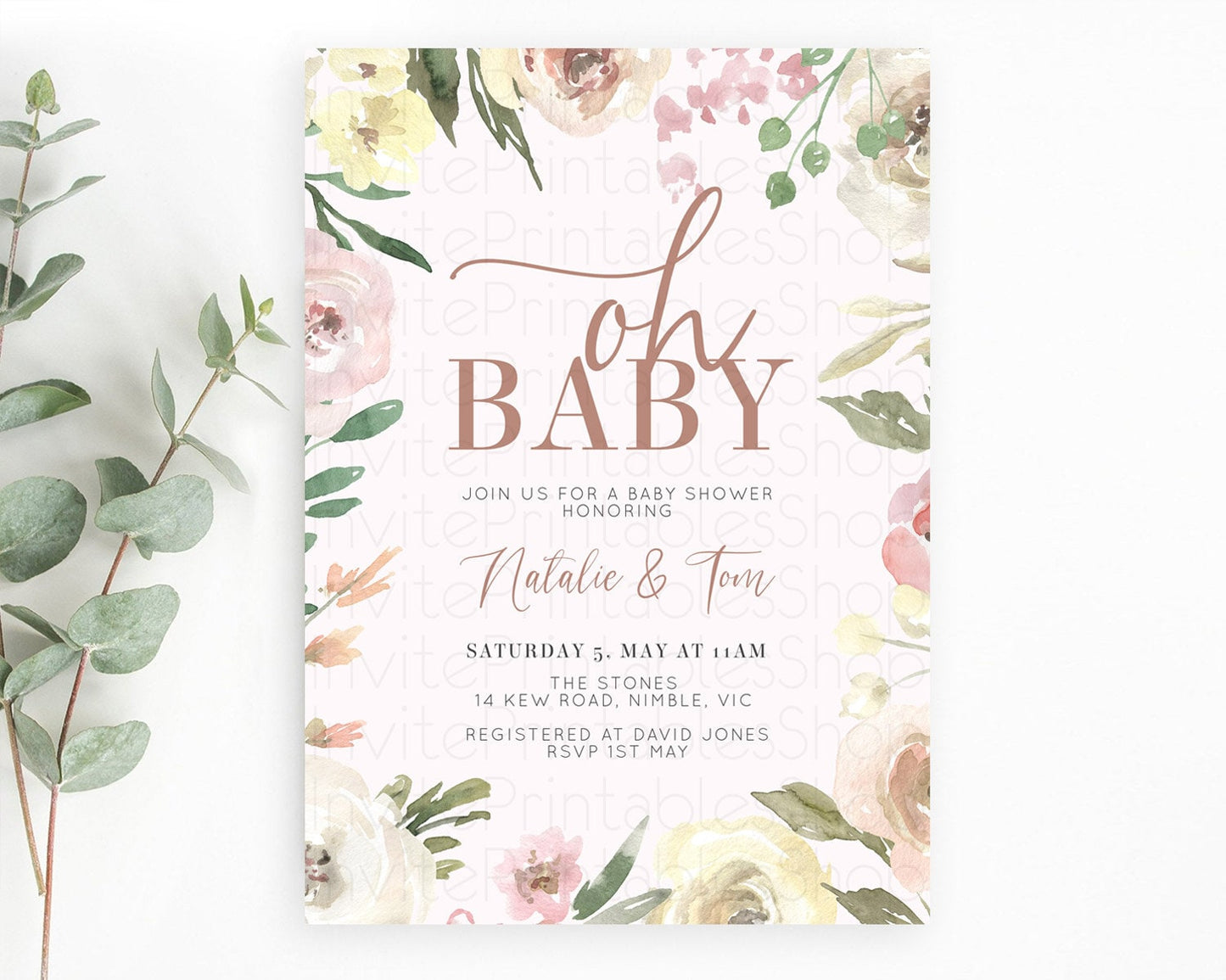 Wildflower Baby Shower Invitation, Enchanted Secret Garden Theme with Soft Pink, Green, and Yellow Flowers, Oh Baby Floral Invitation D10192