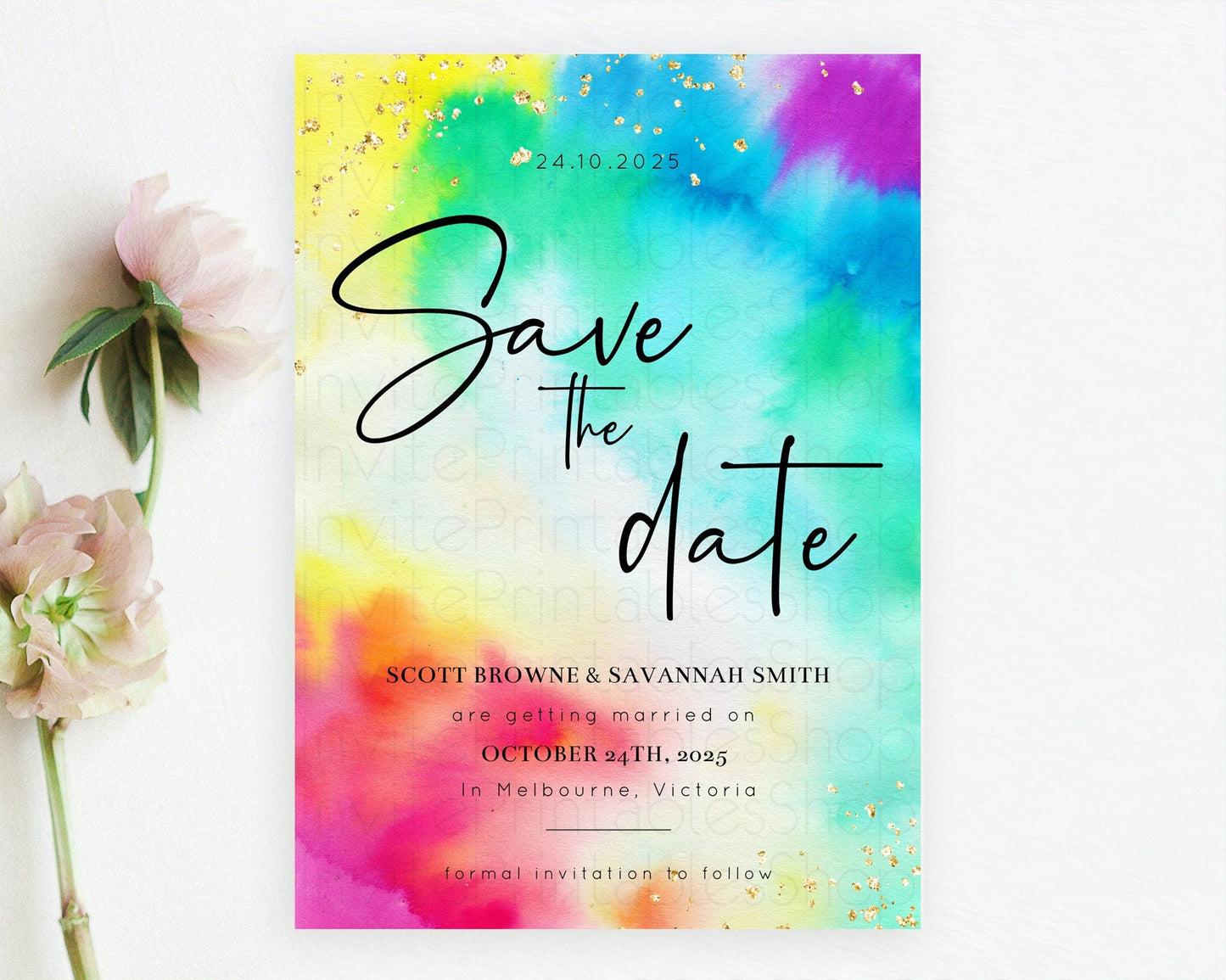 Tie Dye Save The Date Template Rainbow Pastel Ombre Watercolor Party For 1st Birthday Baptism Baby Shower Bridal Shower Wedding D10462