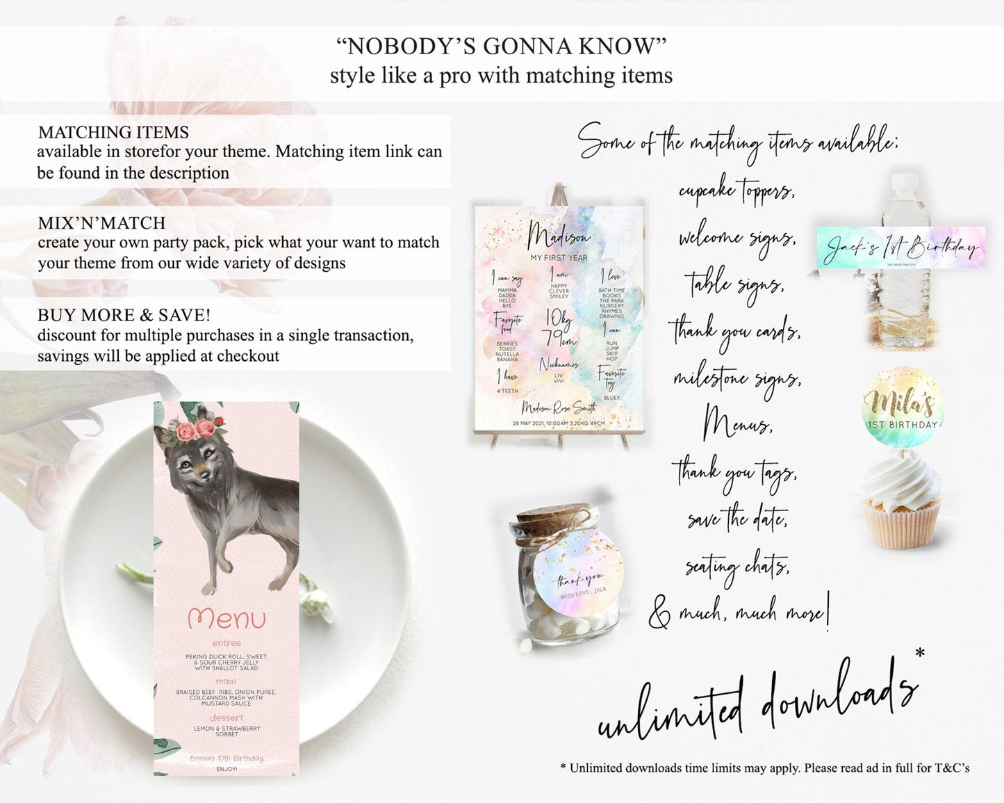 Wolf Menu Wolf Menu Template Pastel Floral Wolf Table Decor Forest Wolf Party Decor Wolf Dinner Dessert Menu Wolf Party Food Menu D10535