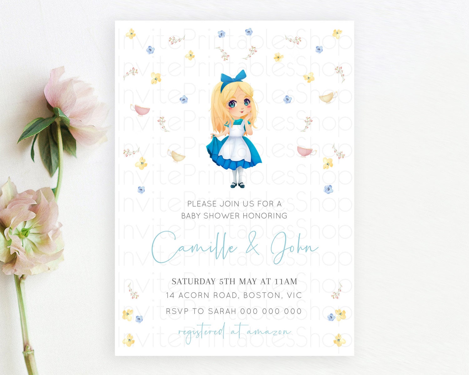 Editable Wonderland Baby Shower Invitation- Garden Tea Party, Tea Cup, Bloom