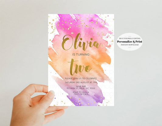 Pastel Birthday Invite Pink Pastel Birthday Invitation Orange Purple Watercolor Invite Ombre Pastel Invitation Glitter Sprinkles Invite 516