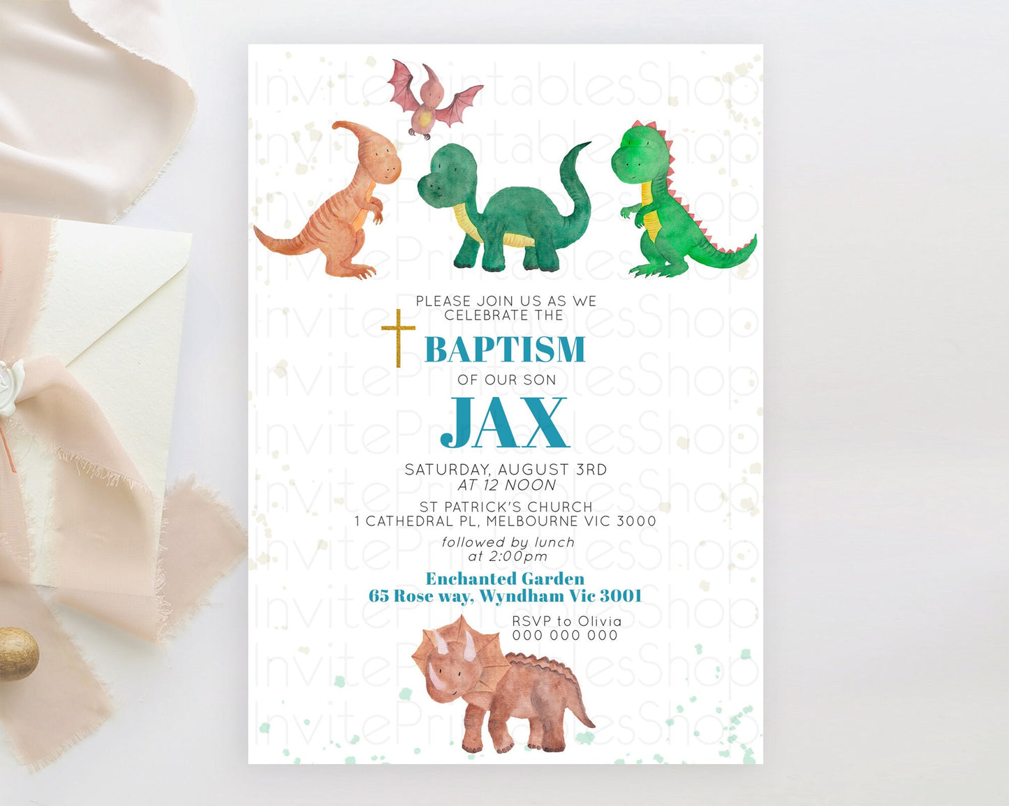 Dinosaur Baptism Invitation Dinosaur Volcano Baptism 1st Birthday Invitation Watercolor T-Rex Raptor Jurassic Christening Invitation D10153