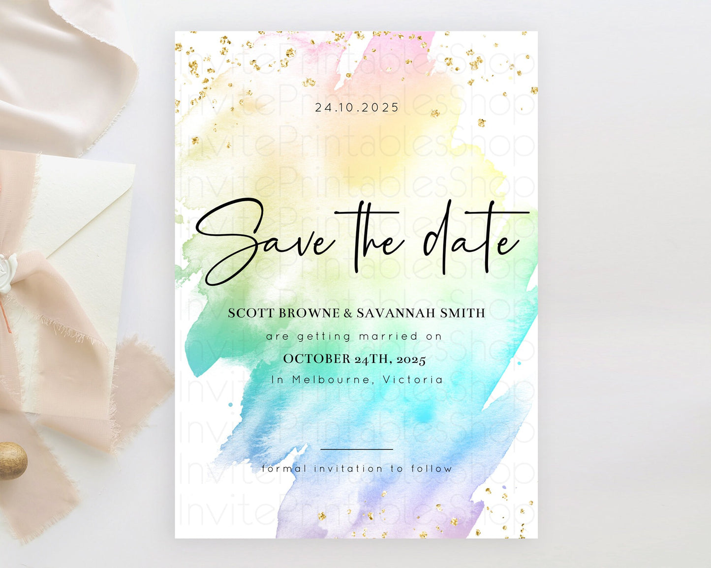 Pastel Save The Date Template Pastel Ombre Rainbow Watercolor Colorful Party For Birthday Baptism Baby Shower Wedding Bridal Shower D10279