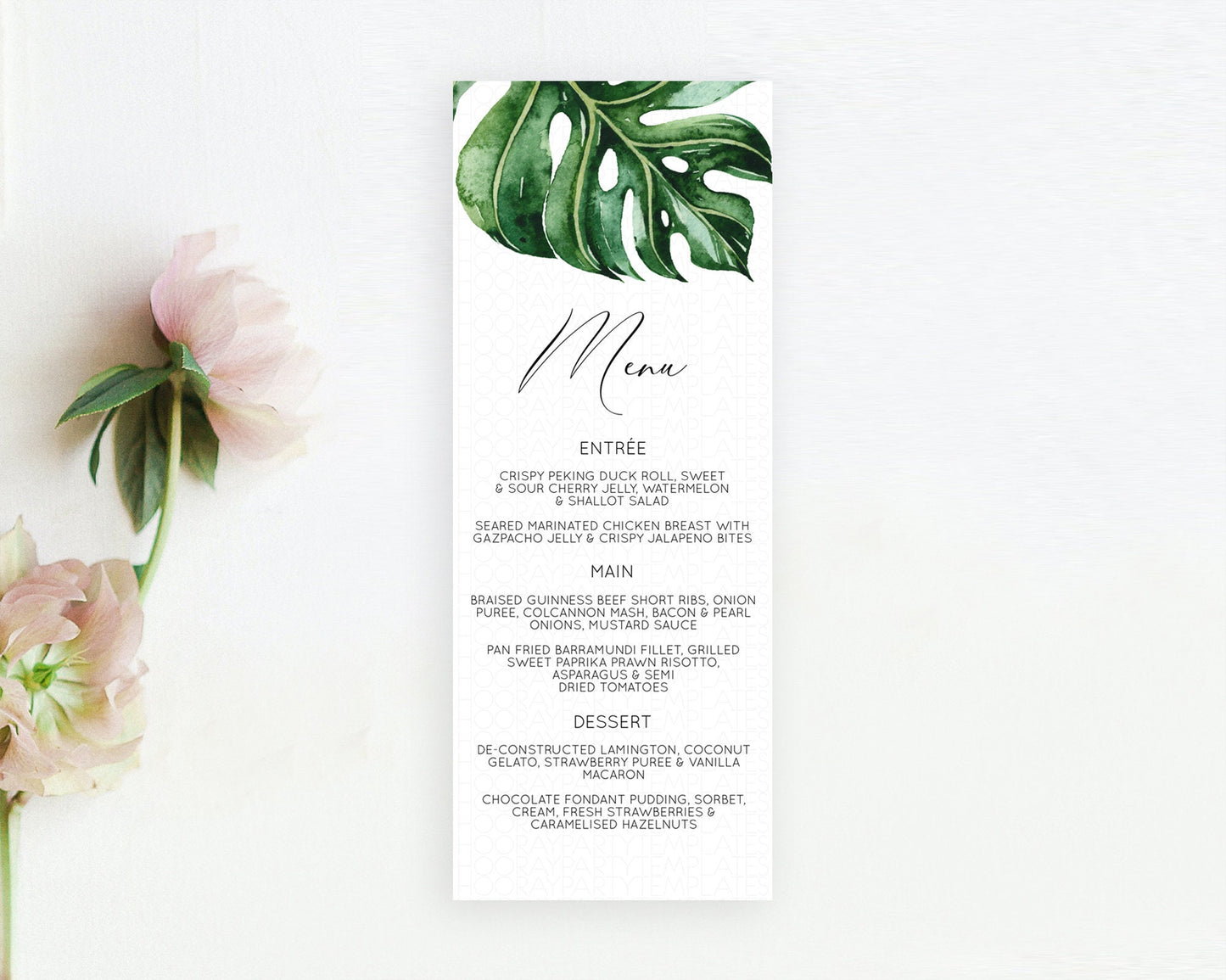 Tropical Menu Template Tropical Menu Palm Leaf Fern Table Decor Frangipani Floral White Orchid Dinner Dessert Menu Party Food Menu D11056