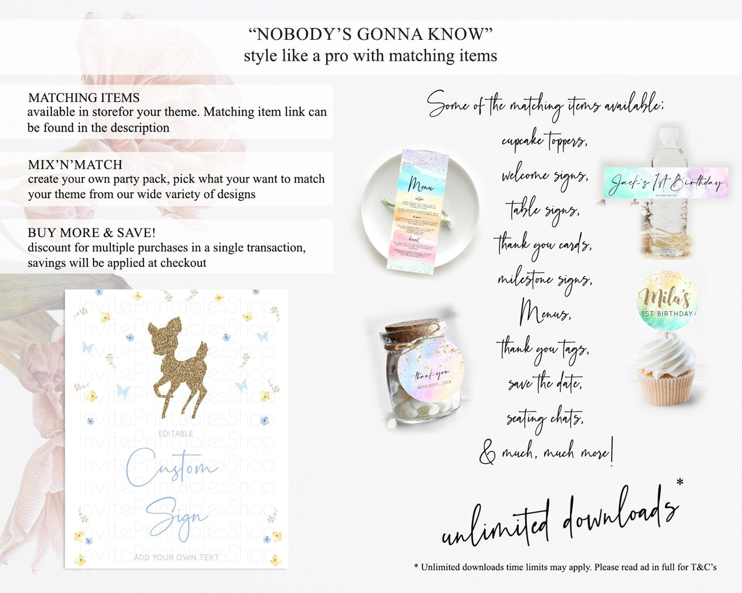 Fawn Deer Sign Pastel Floral Deer Table Sign Decor Enchanted Forest Butterfly Party 1st Birthday Baptism Baby Shower Bridal Shower D10360
