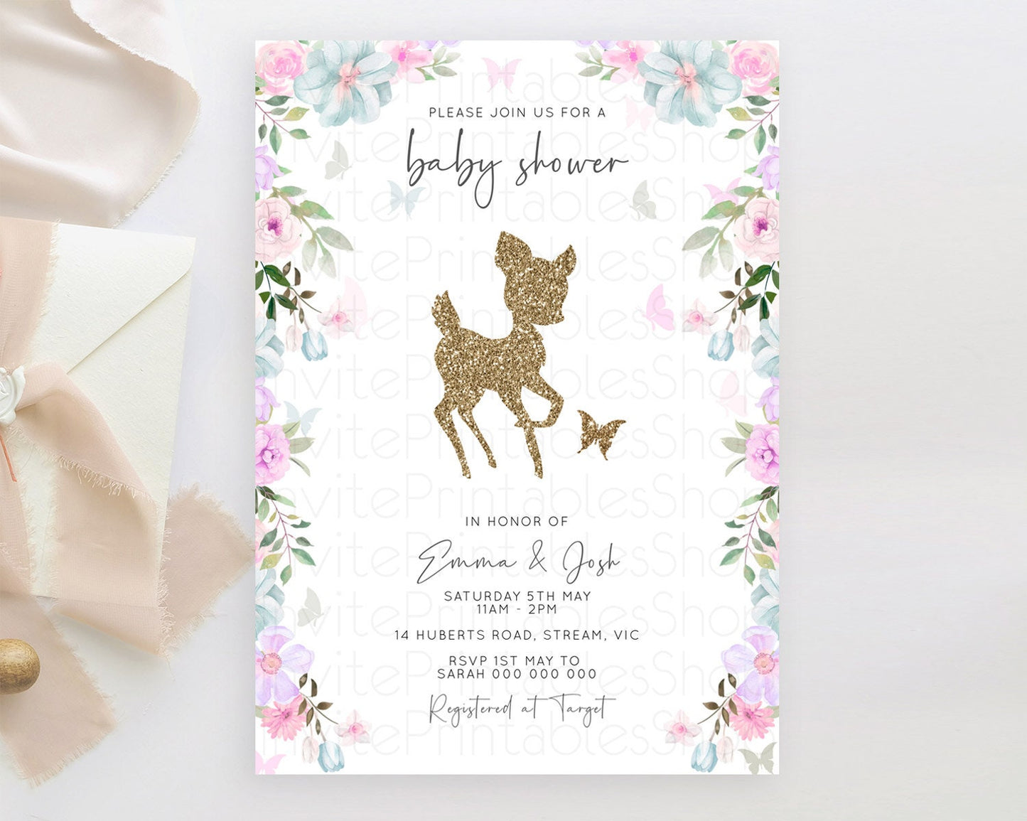 Fawn Baby Shower Invitation Deer Baby Shower Invites Enchanted Forest Theme Butterfly Pastel Flowers Whimsical Baby Shower D10476