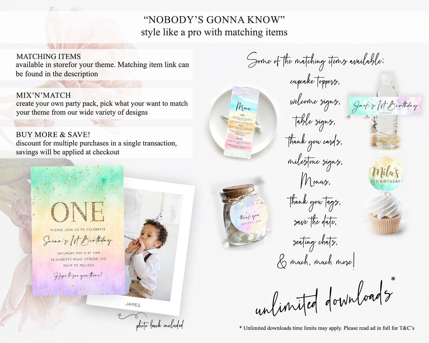 Rainbow Birthday Invitation Colorful Pastel Watercolor Invitation Gold Glitter Sprinkles Ombre Pastel 1st 2nd 3rd Birthday D10481
