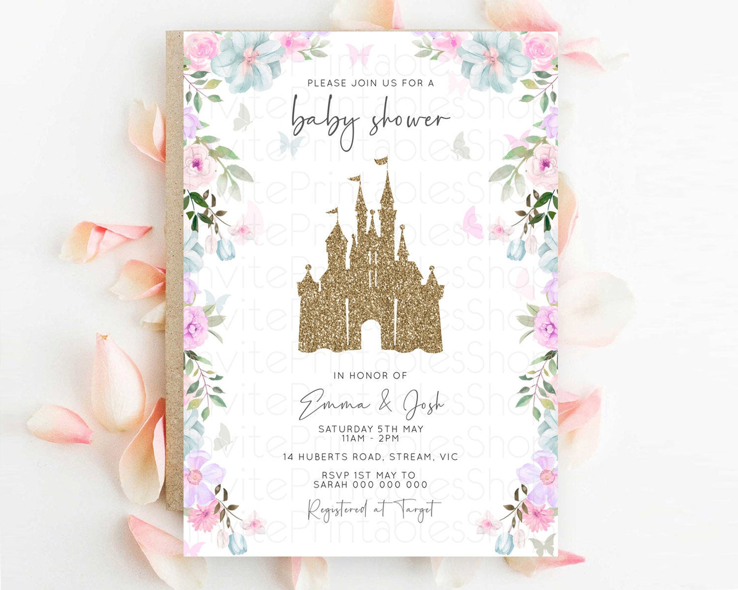 Pastel Princess Baby Shower Invitation Floral Castle Invitation Royal Baby Invite Enchanted Castle Pastel Flower Garden Baby Shower D10470