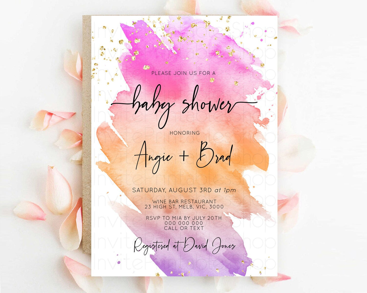 Pastel Baby Shower Invitation Rainbow Baby Shower Invitation Colorful Pastel Watercolor Invitation Gold Glitter Sprinkles Ombre D10488