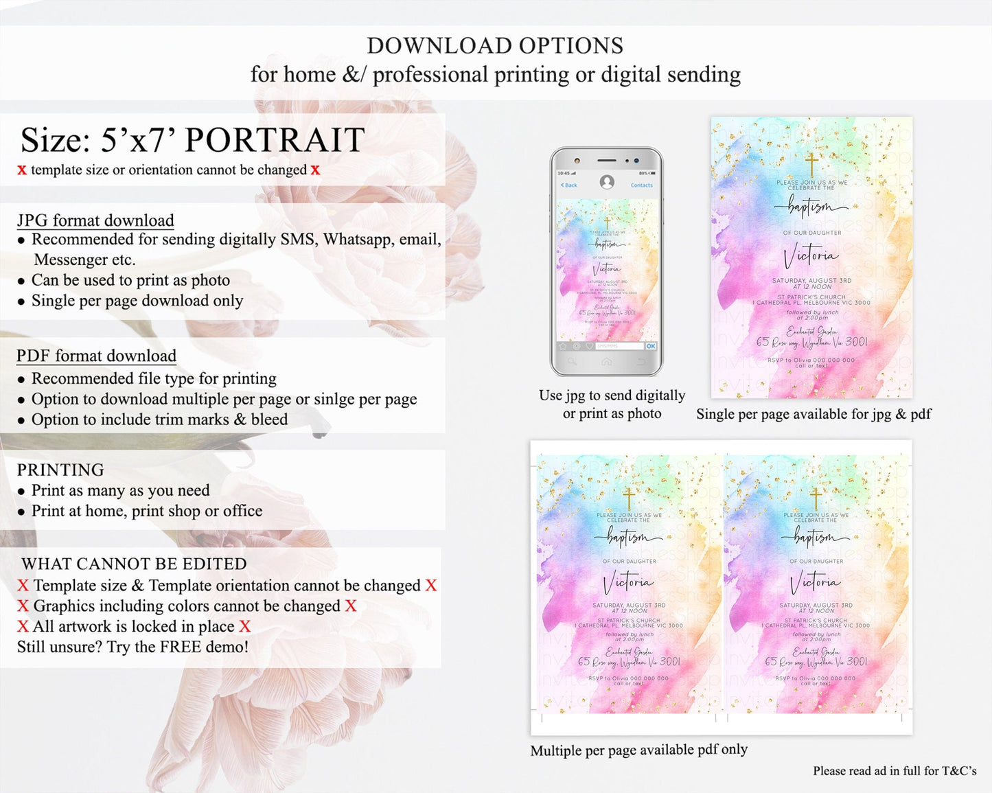 Pastel Baptism Invitation Pastel Colors Watercolor Baptism 1st Birthday Party Gold Ombre Pastel Rainbow Christening Holy Communion D10449